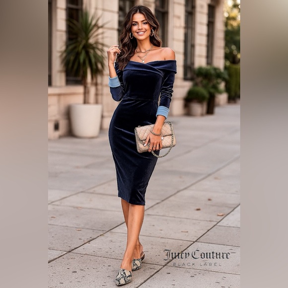 Juicy Couture Dresses & Skirts - 🛍️SALE🛍️ Juicy Couture Black Label Velour | Velvet Off the Shoulder Midi Dress